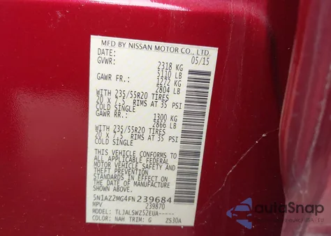 2015 Nissan Murano Platinum из США, поврежденный, VIN 5N1AZ2MG4FN239684